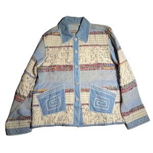 Vtg Y2K Yak Magik Blue Ivory Reversible Fringe Trim0 Blanket Woven Jacket S